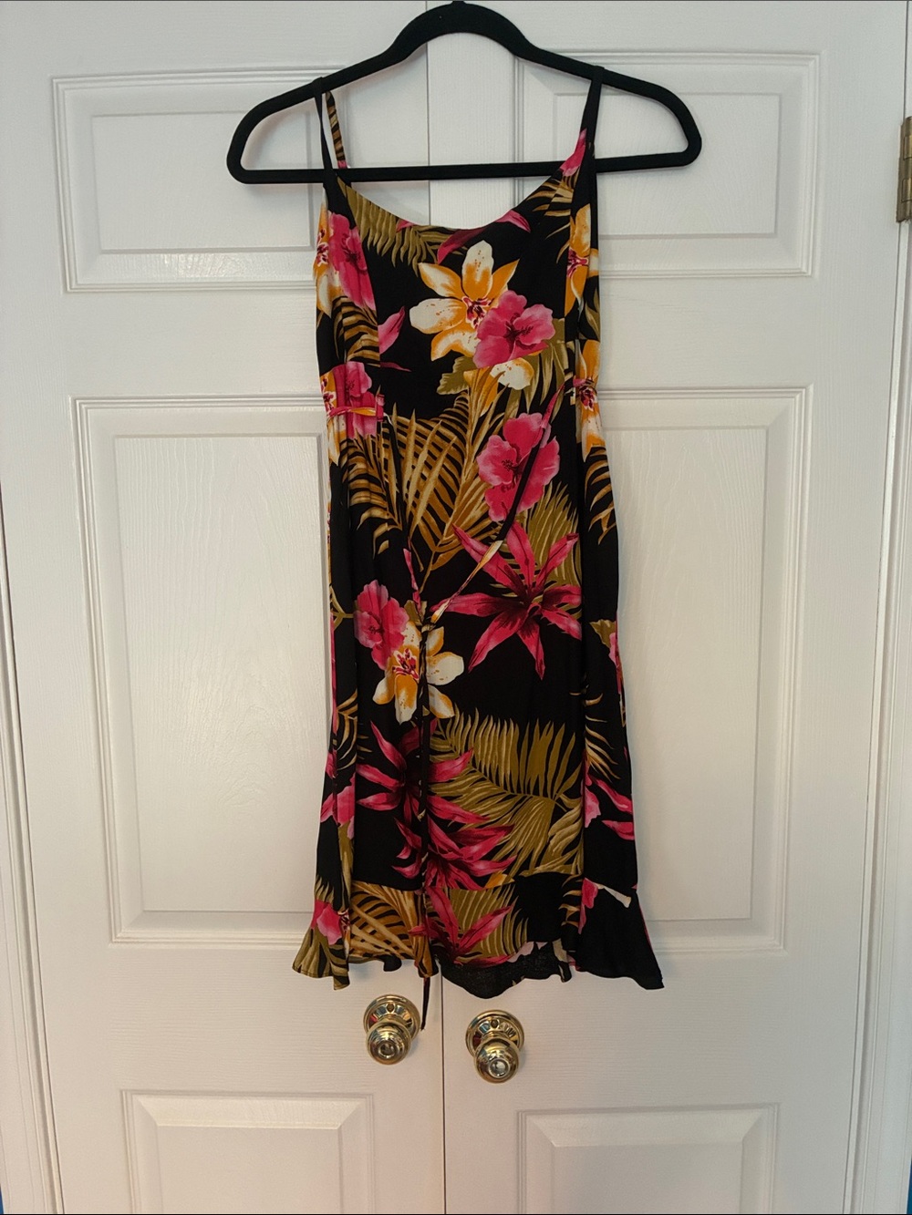 Aloha Hut Floral Spaghetti-Strap Black Dress with Pink & Yellow Blooms, Size S